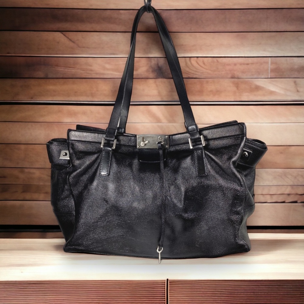 Jimmy Choo JC HUGE bag black leather locking shoulder tote travel XXL #H117
